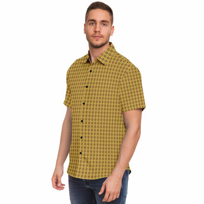 Unique Golden Pattern Short Sleeve Button Down Shirt - AOP