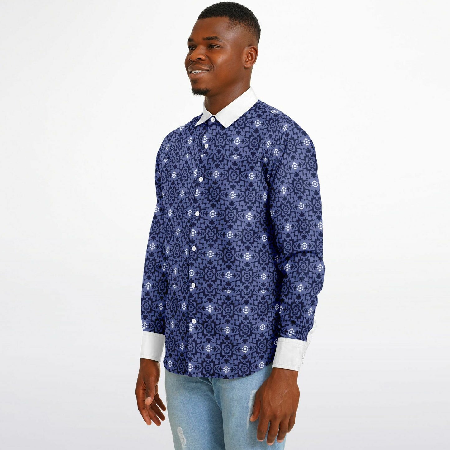Purple Floral Seamless Pattern Long Sleeve Button Down Shirt - AOP