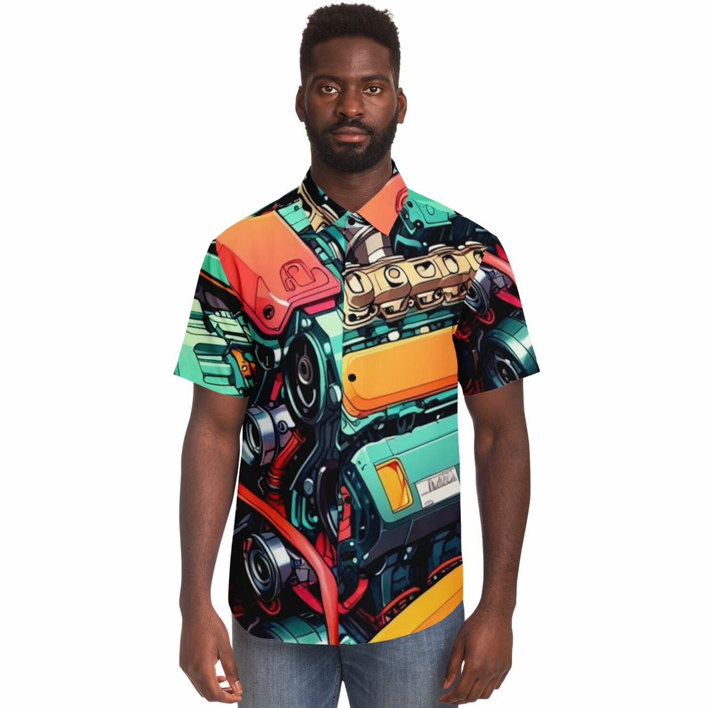 Engine illustration Short Sleeve Button Down Shirt - AOP