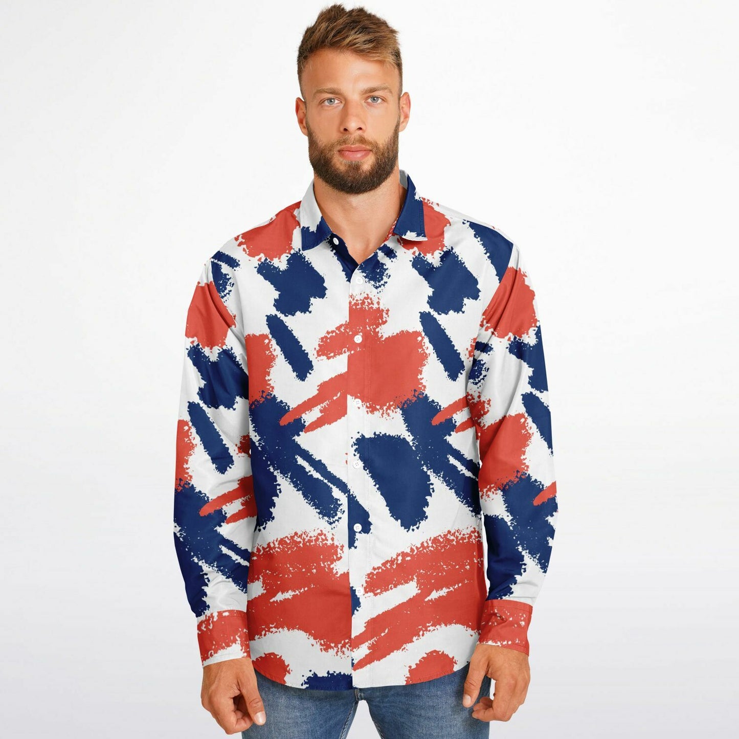 Red and Blue Brushstroke Long Sleeve Button Down Shirt - AOP