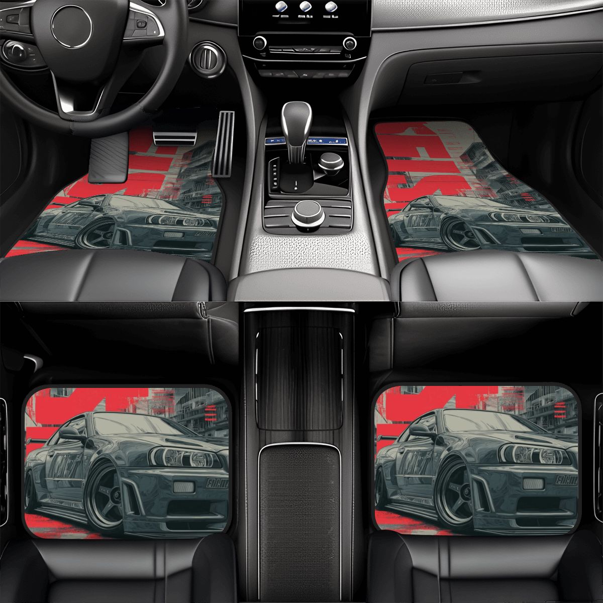 Car interior with red and black car-themed floor mats.