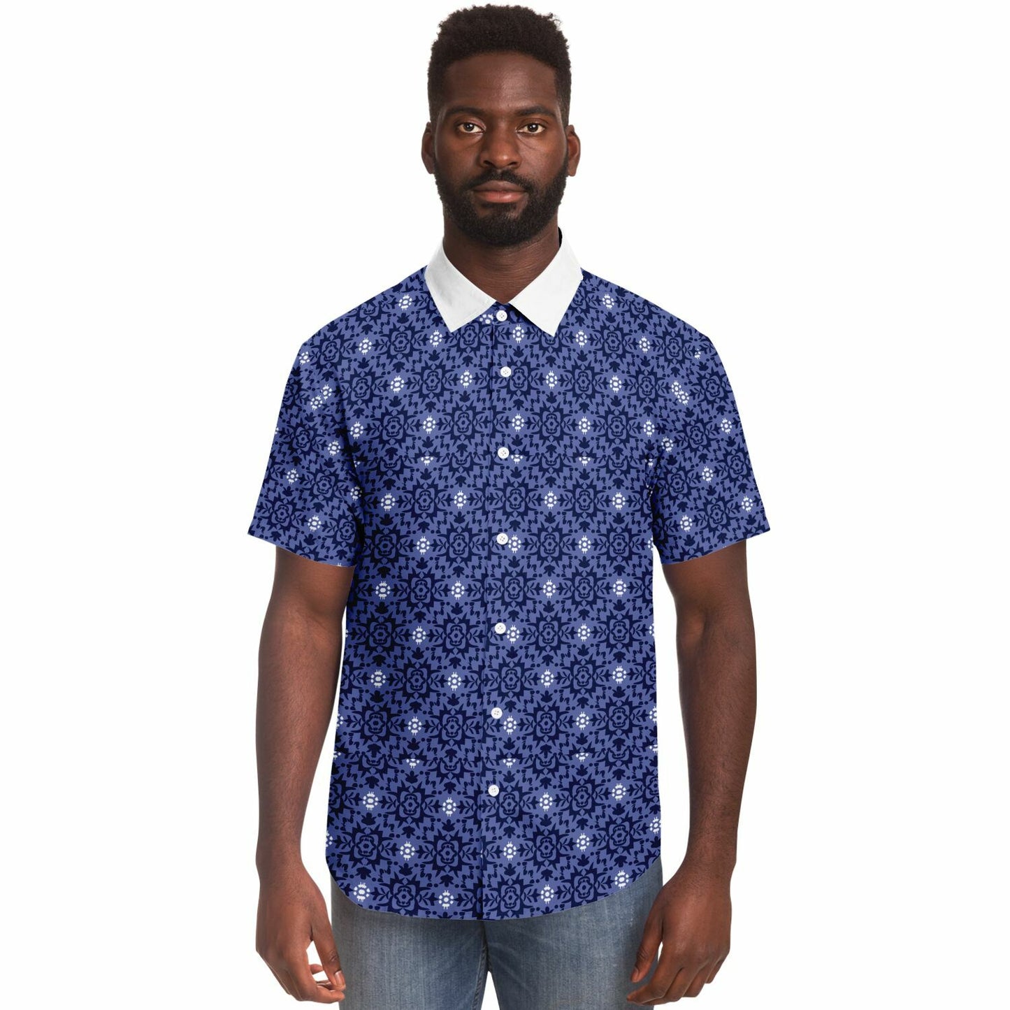 Purple Floral Seamless Pattern Short Sleeve Button Down Shirt - AOP