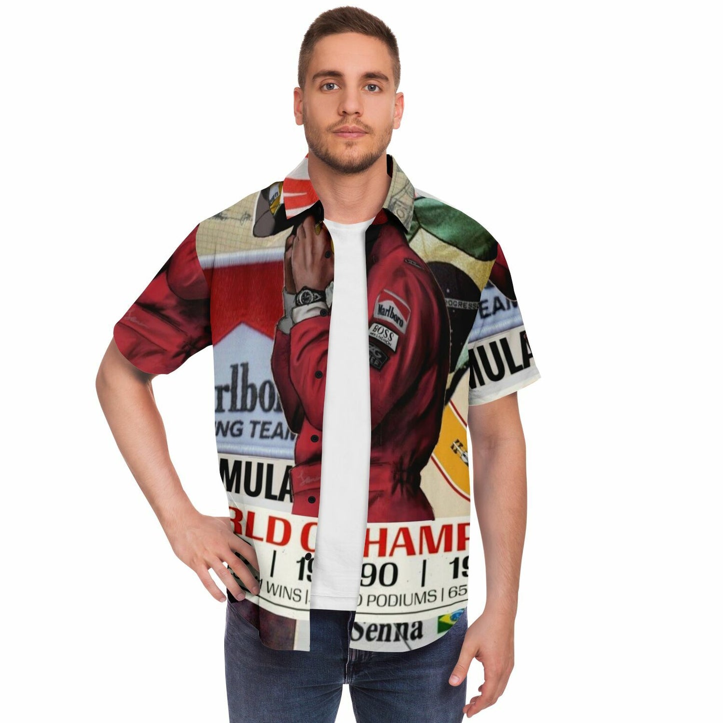 Senna F1 Poster Short Sleeve Button Down Shirt - AOP
