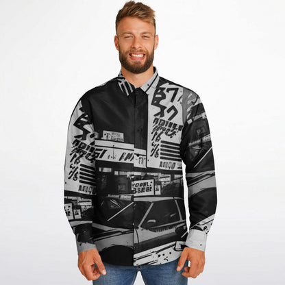 Black and White JDM Art Long Sleeve Button Down Shirt - AOP