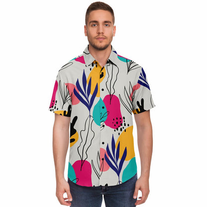 Abstract Floral Colored Pattern Short Sleeve Button Down Shirt - AOP