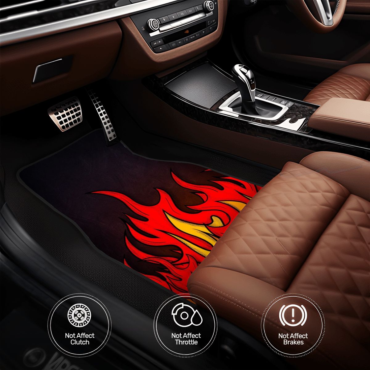 Car interior with flame-patterned floor mat and brown leather seats.