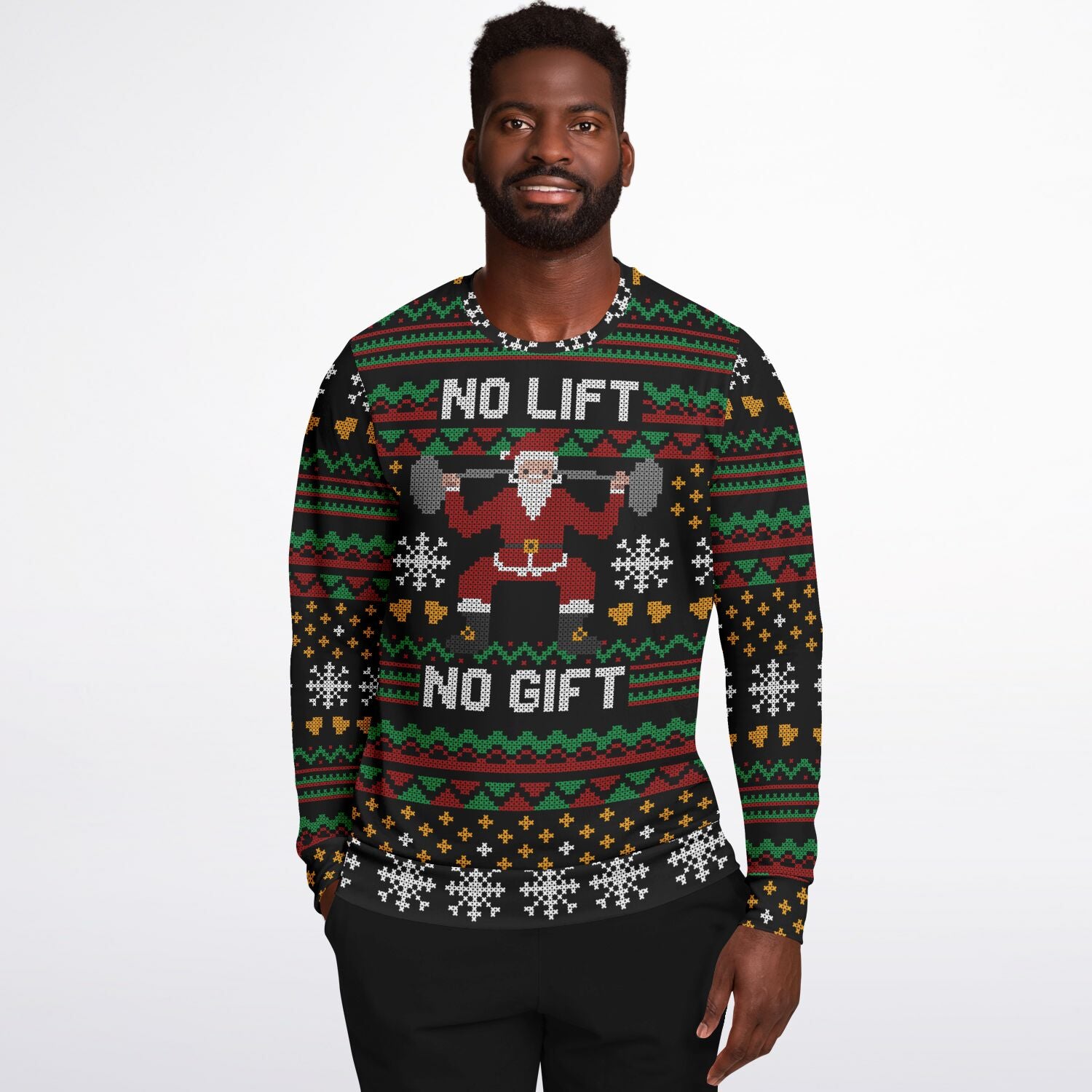 Man wearing a Christmas sweater with a humorous design featuring Santa Claus lifting weights.