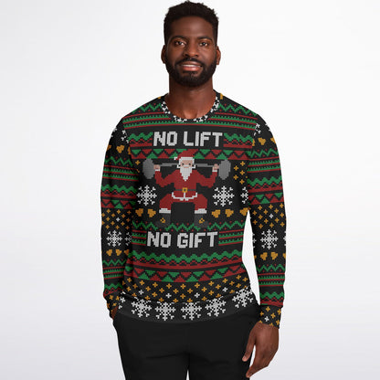 Man wearing a Christmas sweater with a humorous design featuring Santa Claus lifting weights.