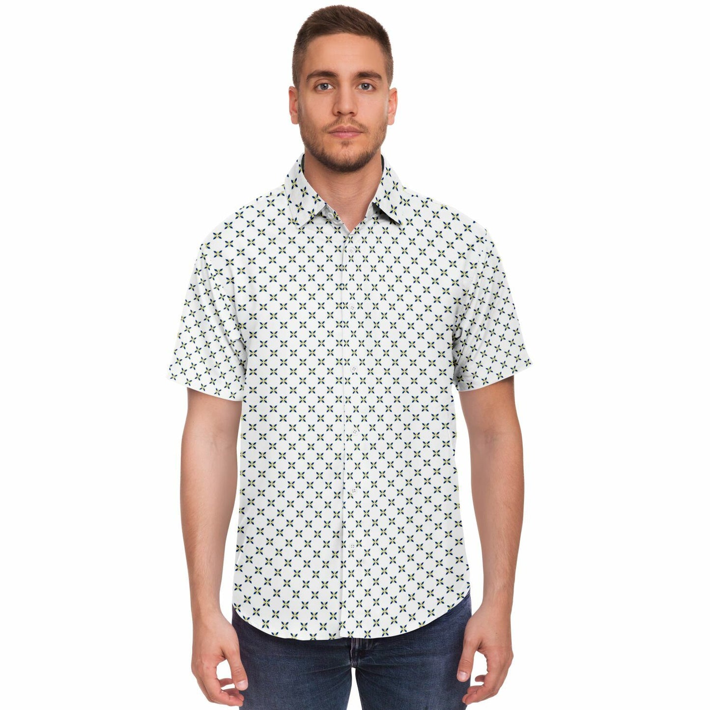 Geometric Pattern Short Sleeve Button Down Shirt - AOP