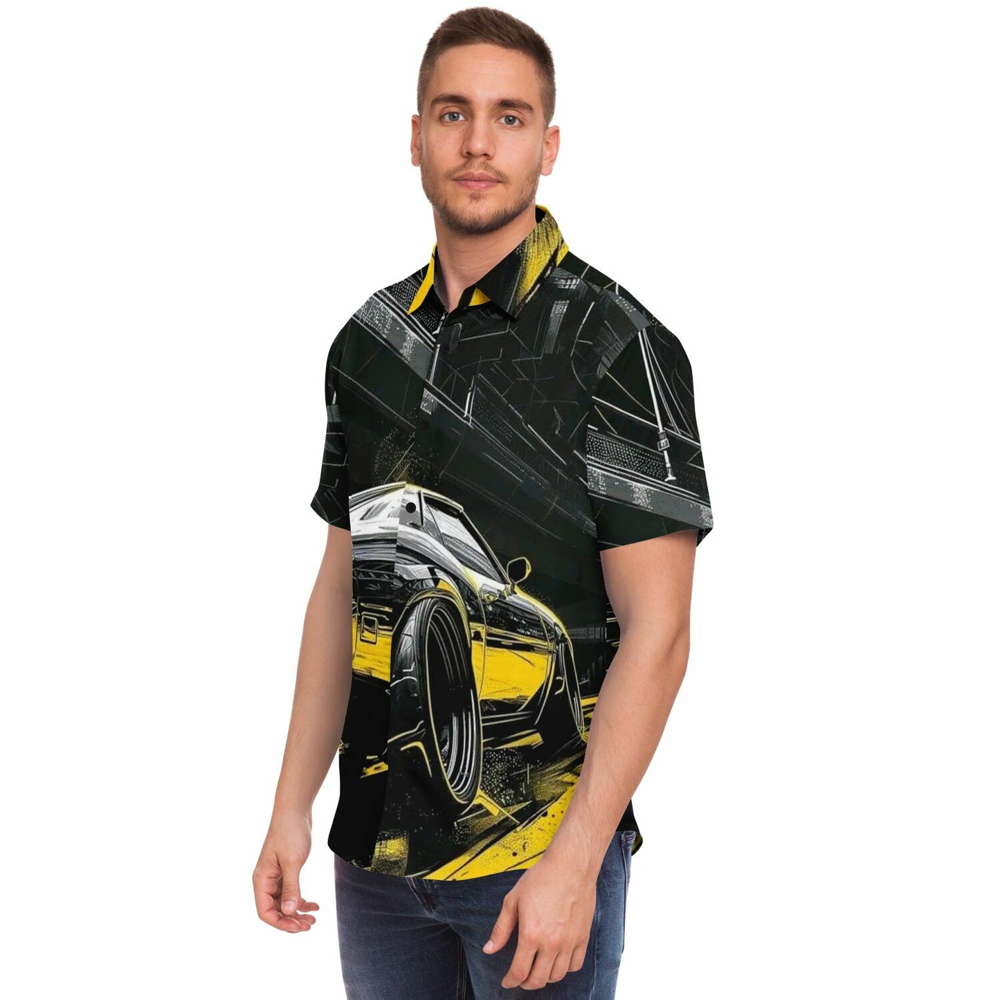American Muscle Illustration Short Sleeve Button Down Shirt - AOP