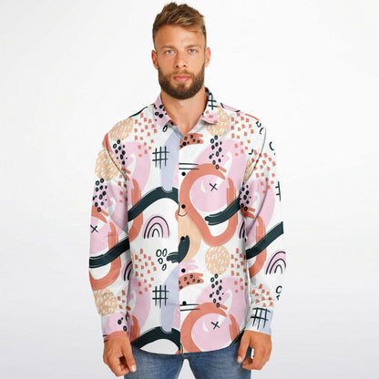 Abstract Art Hand Drawn Long Sleeve Button Down Shirt - AOP