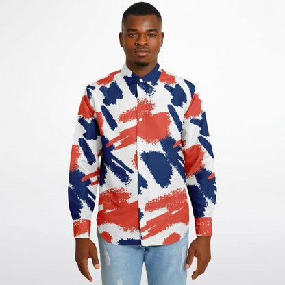 Red and Blue Brushstroke Long Sleeve Button Down Shirt - AOP