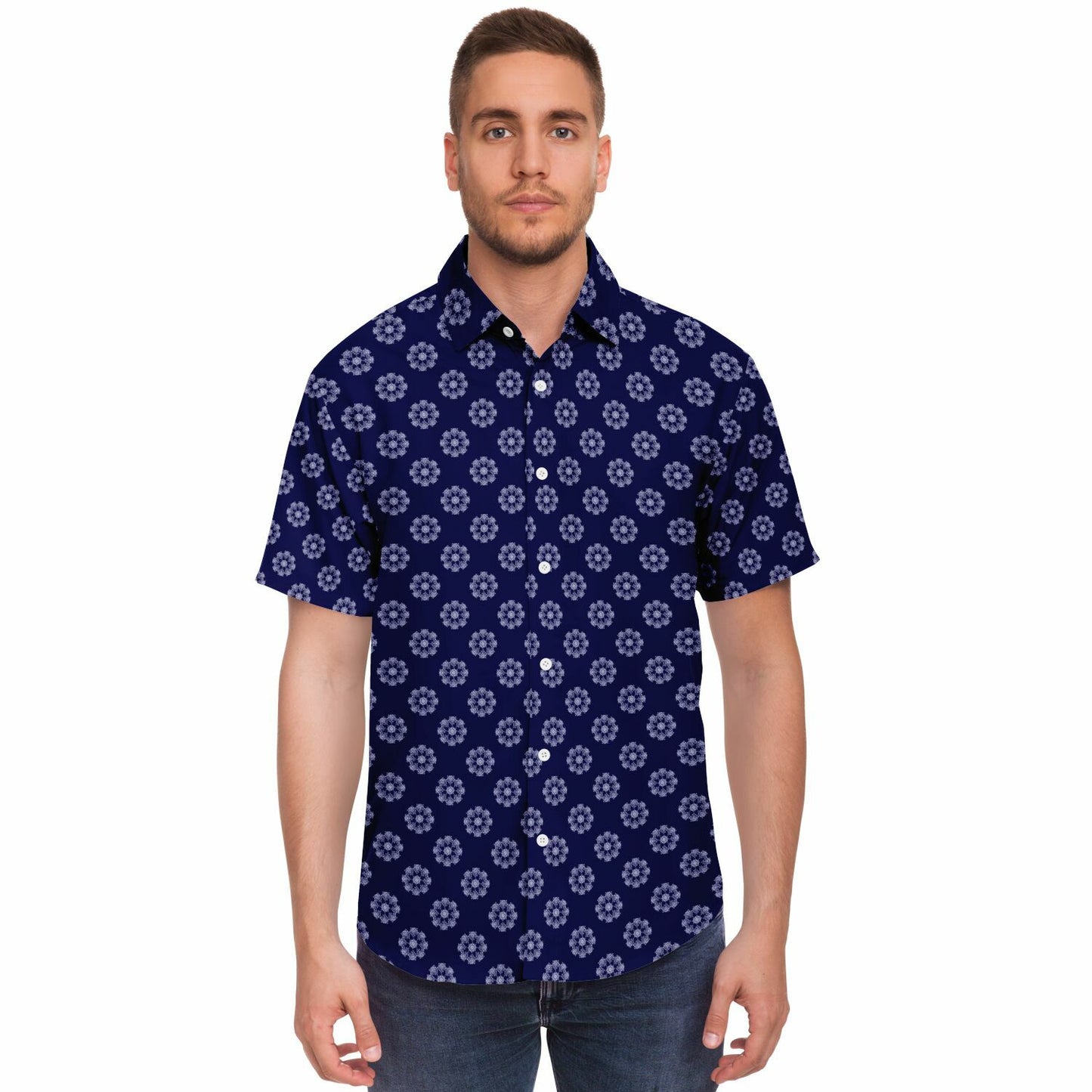 Geometric Circle Pattern Short Sleeve Button Down Shirt - AOP