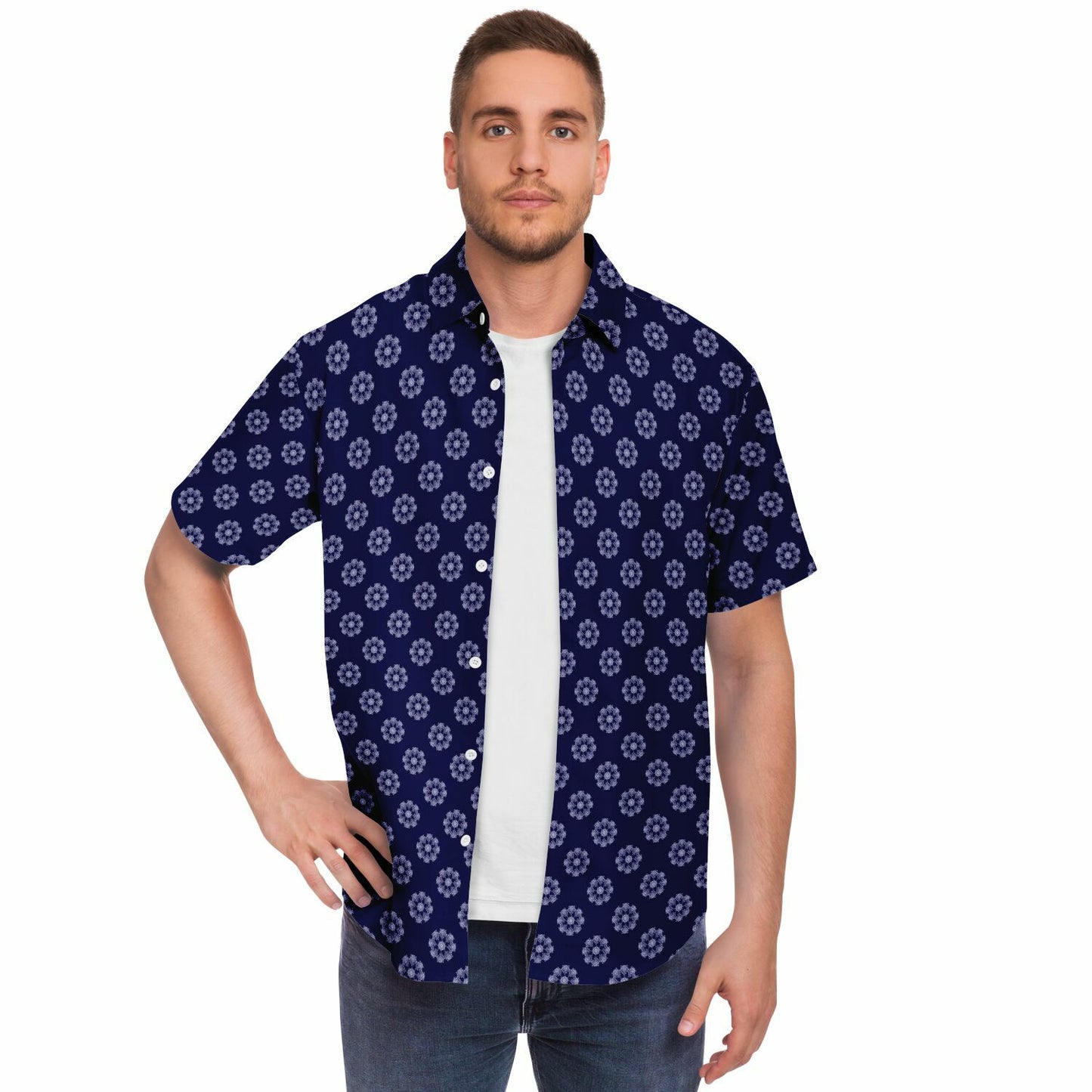 Geometric Circle Pattern Short Sleeve Button Down Shirt - AOP