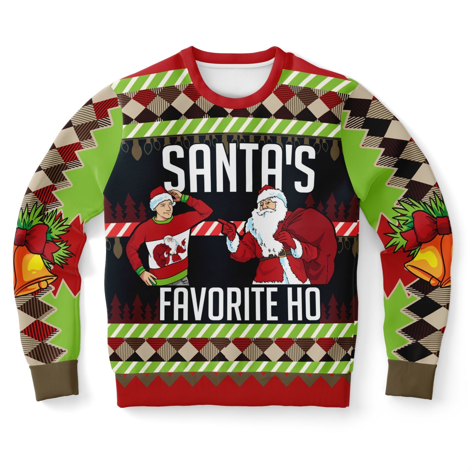 Christmas sweater with Santa and another character, text 'Santa's Favorite Ho', and festive patterns.
