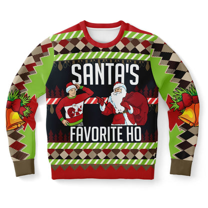 Christmas sweater with Santa and another character, text 'Santa's Favorite Ho', and festive patterns.