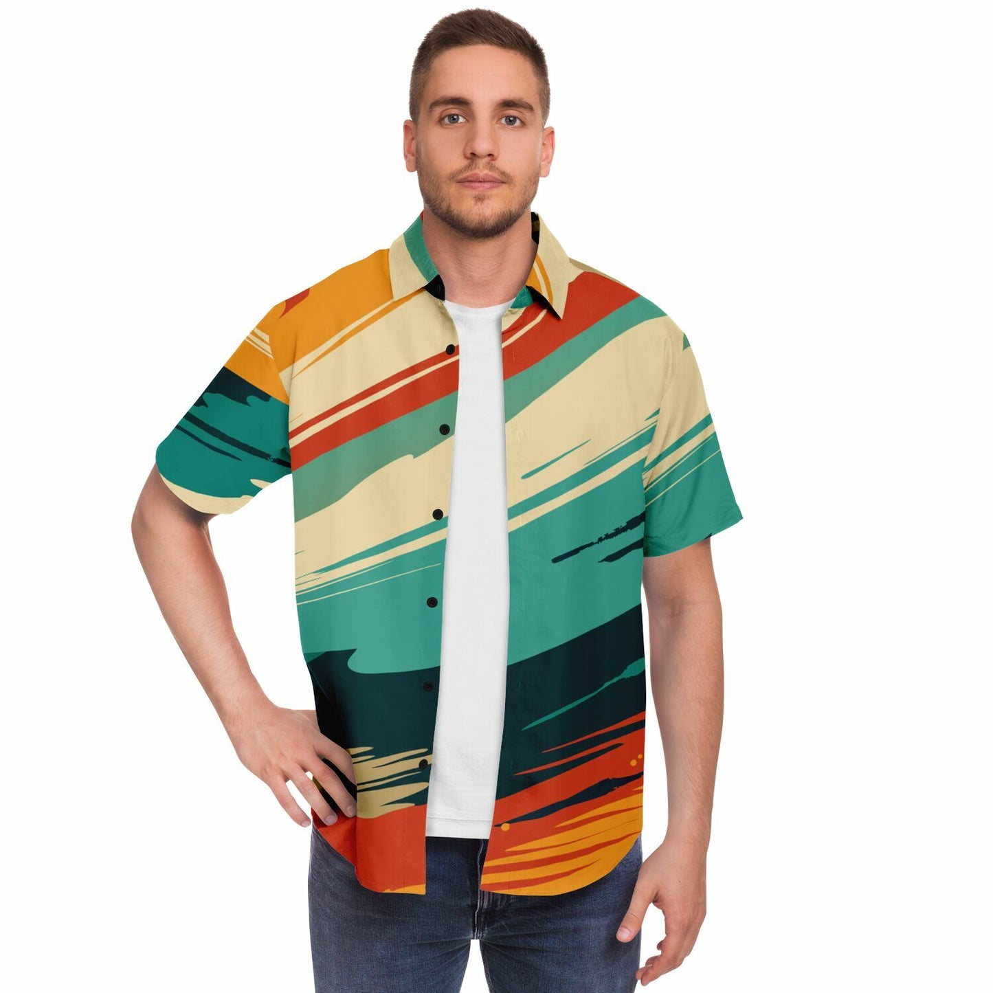 Abstract Grunge Paintstrokes Short Sleeve Button Down Shirt - AOP