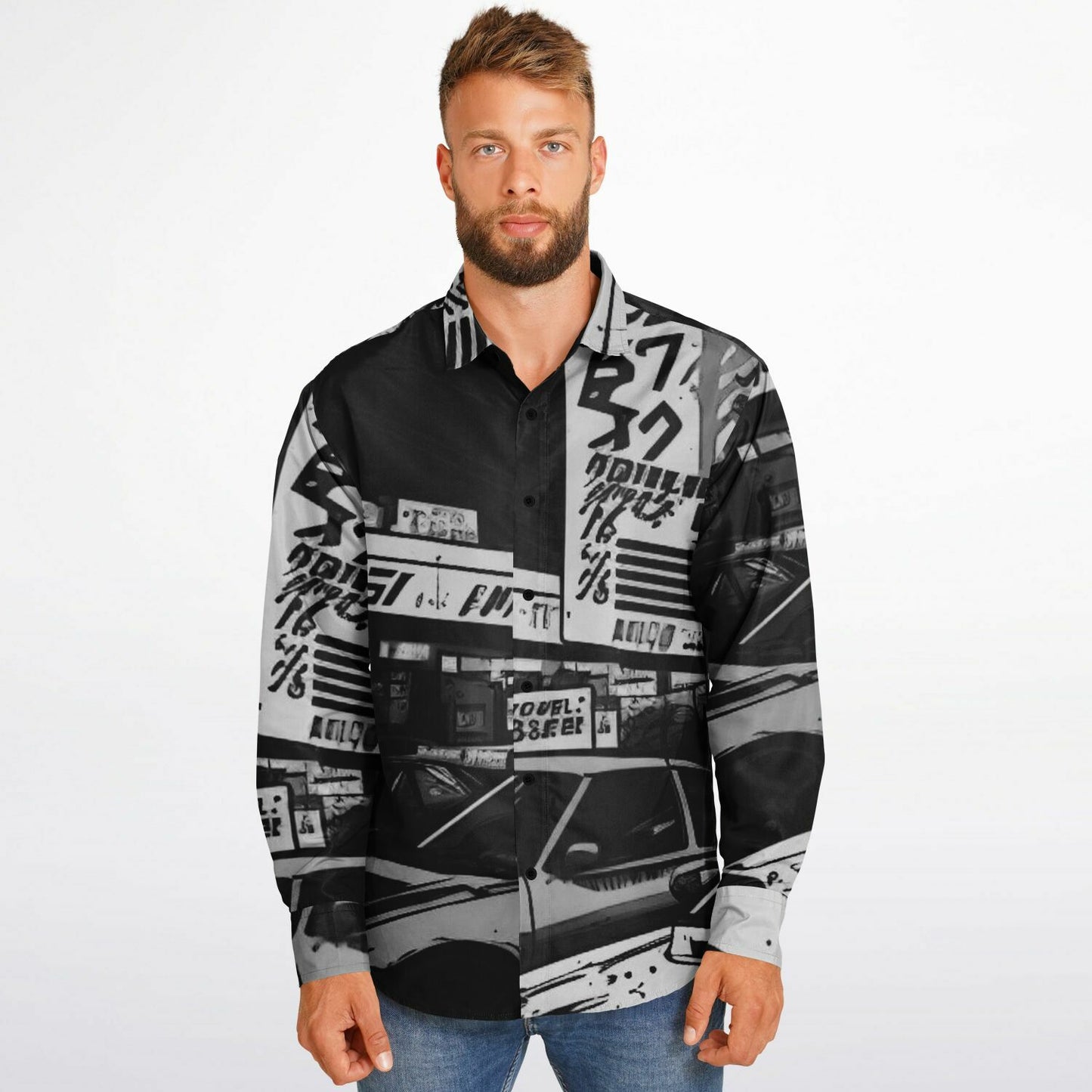 Black and White JDM Art Long Sleeve Button Down Shirt - AOP