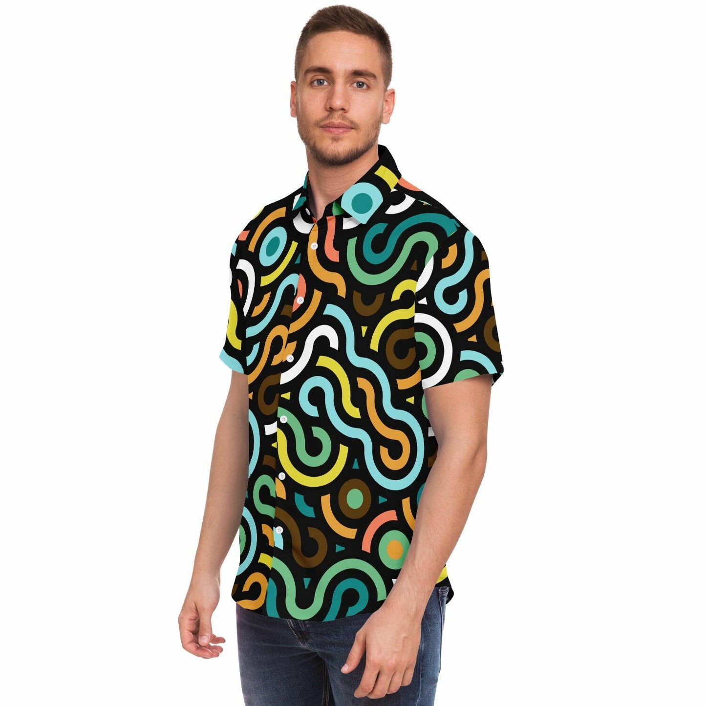 Colored Doodle Art Short Sleeve Button Down Shirt - AOP