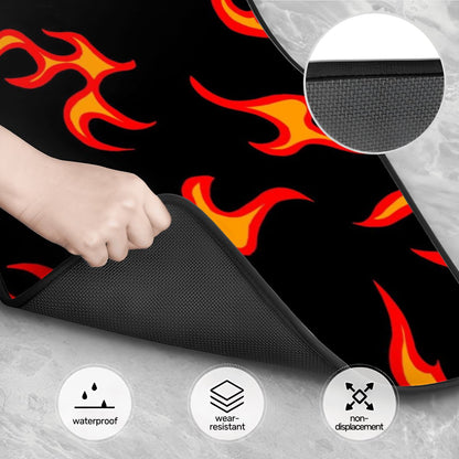 Flame-patterned mat with a hand holding it, showing features like waterproof, wear-resistant, and non-displacement.