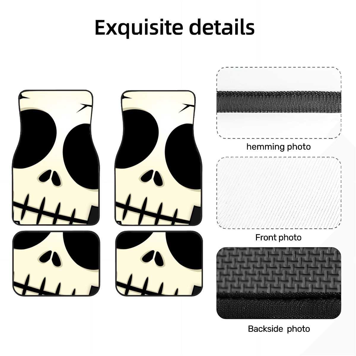 Product details with skull design and hemming, front, and backside views on a white background.