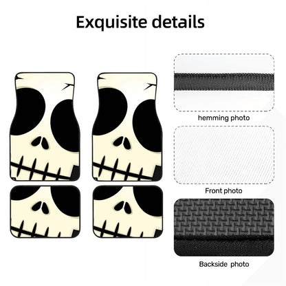Product details with skull design and hemming, front, and backside views on a white background.