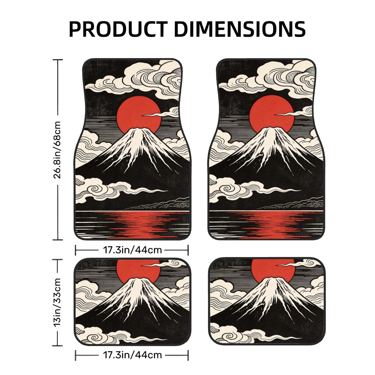Car floor mats with Mount Fuji and red sun design, shown with dimensions.