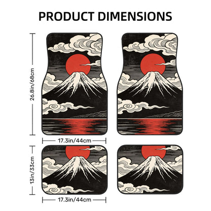 Car floor mats with Mount Fuji and red sun design, shown with dimensions.