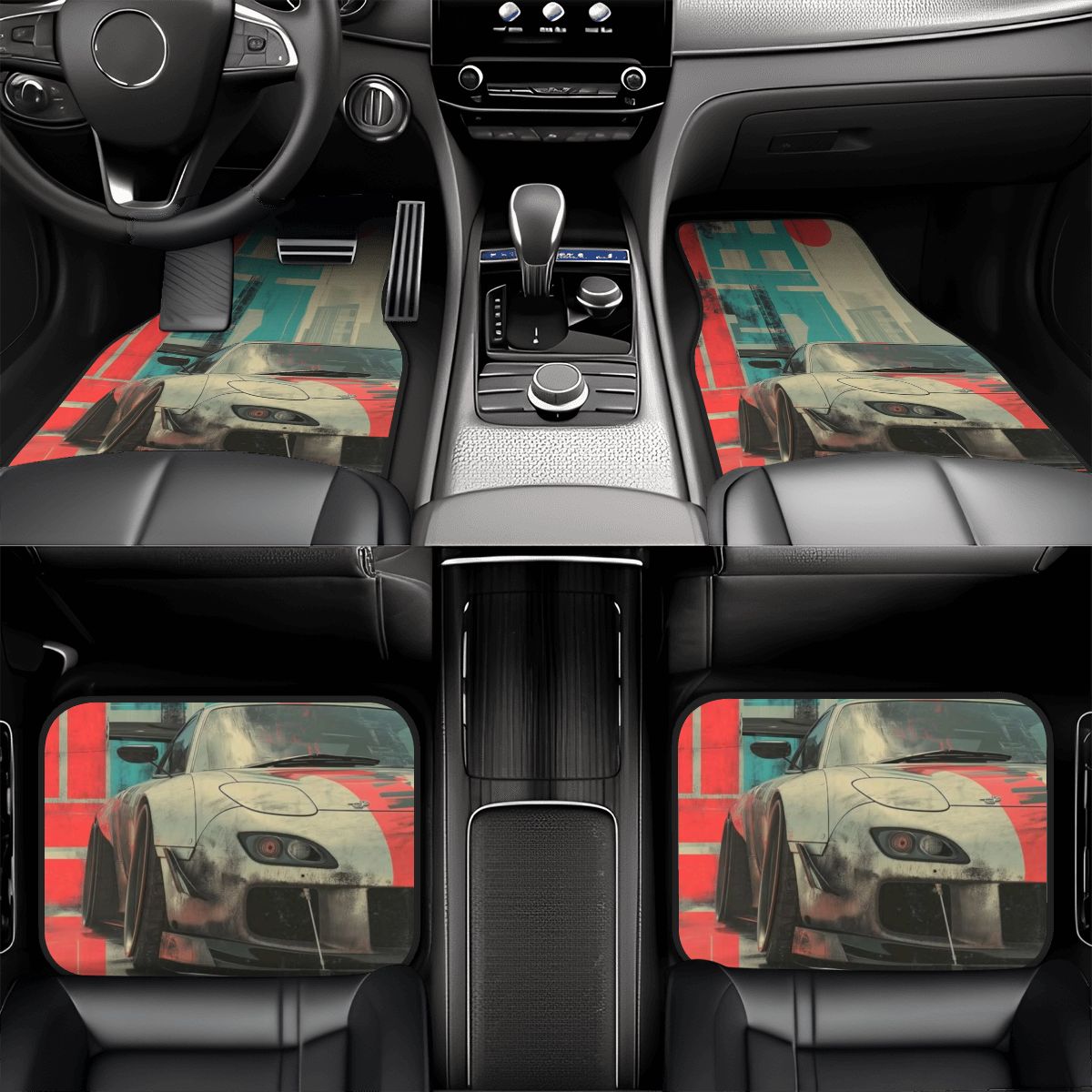 Car interior with red and blue patterned floor mats and a car graphic on the door panel.
