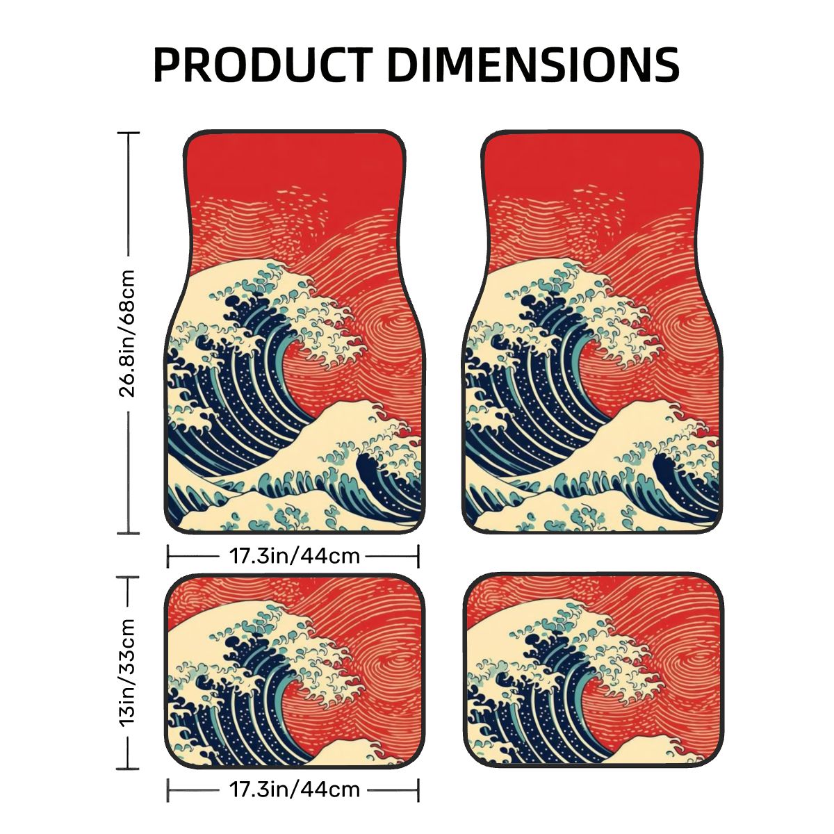 Car floor mats with wave design and dimensions on a white background