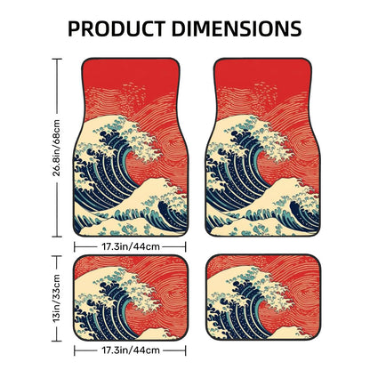 Car floor mats with wave design and dimensions on a white background