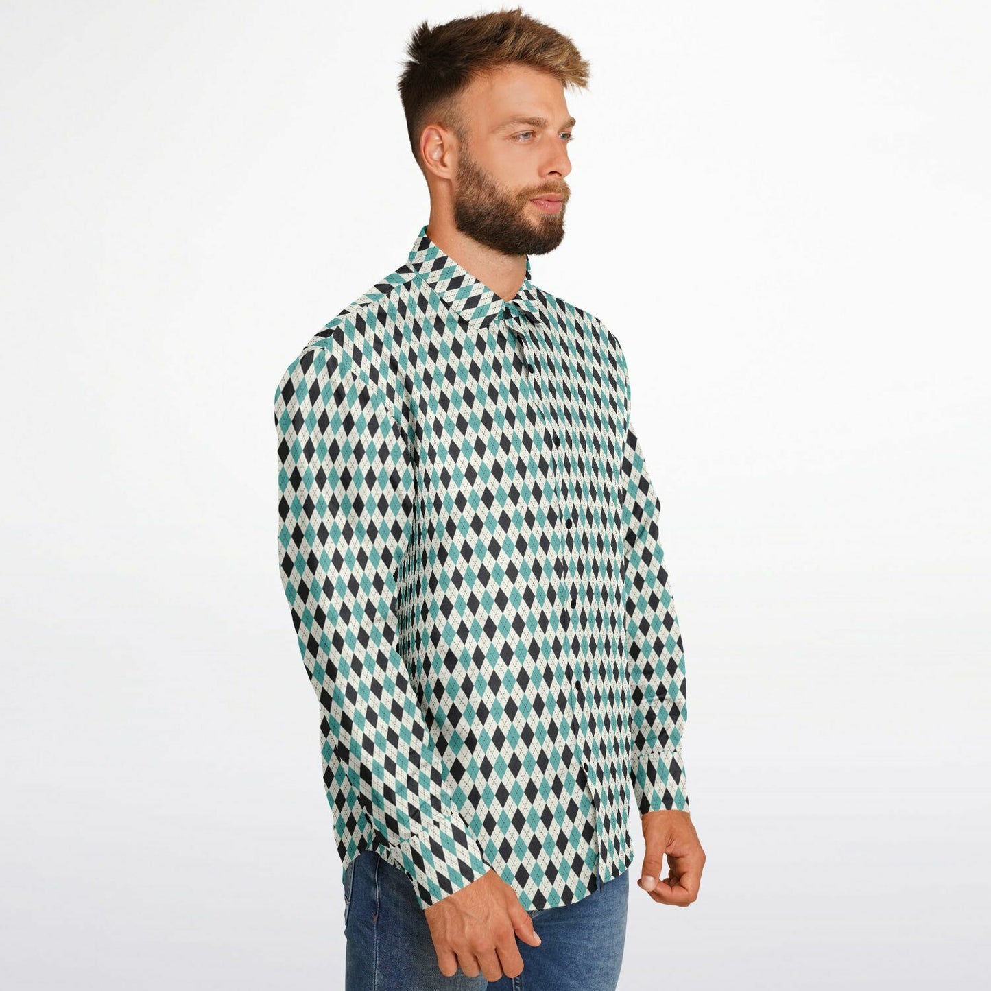 Tile Pattern Long Sleeve Button Down Shirt - AOP