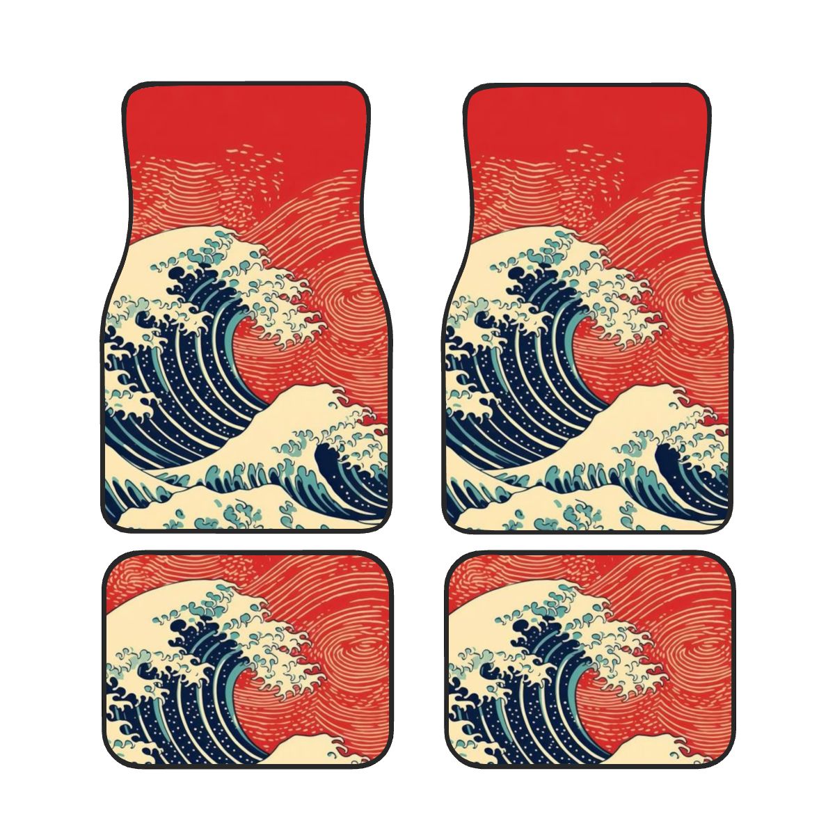 Four car floor mats with wave design on a red background