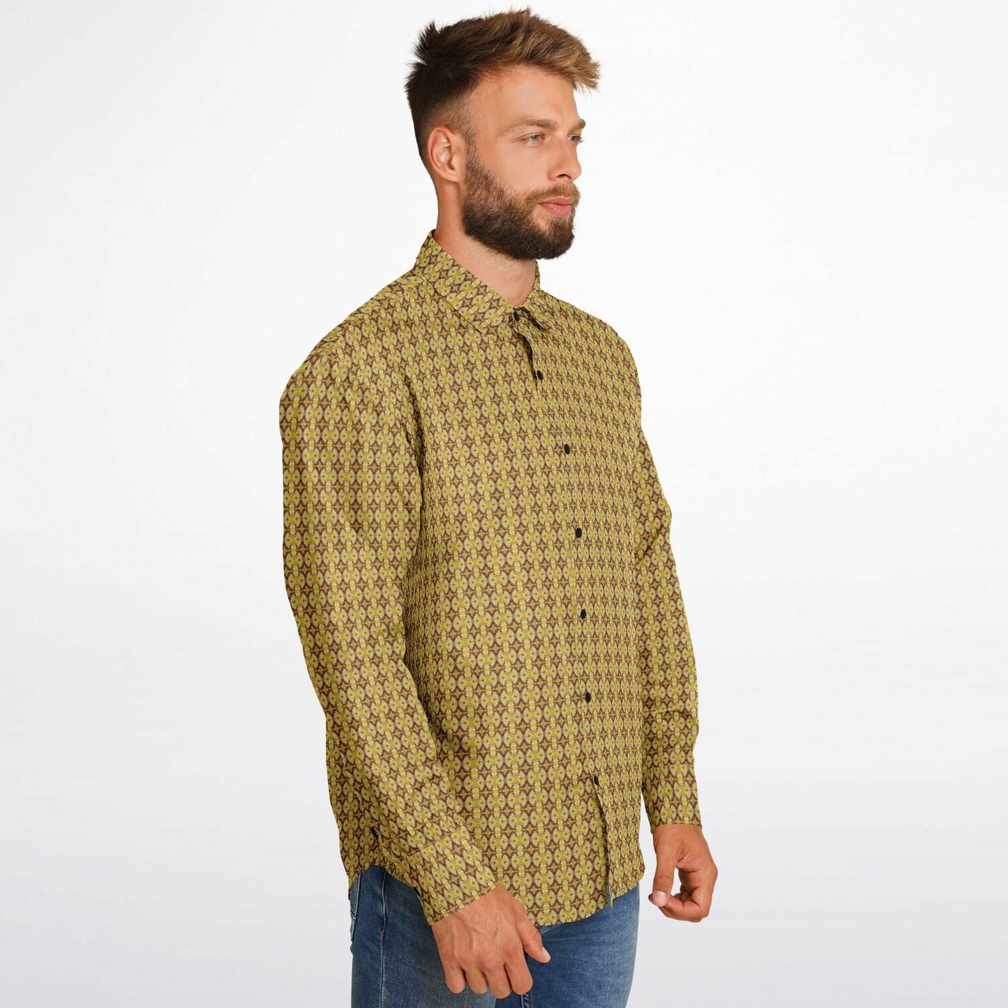 Unique Golden Pattern Long Sleeve Button Down Shirt - AOP