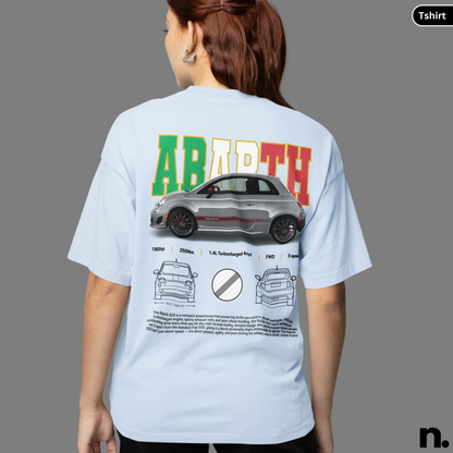 Person wearing a light blue t-shirt with a car graphic and 'Abarth' branding on the back. light blue Abarth 500 Poster Style T-shirt